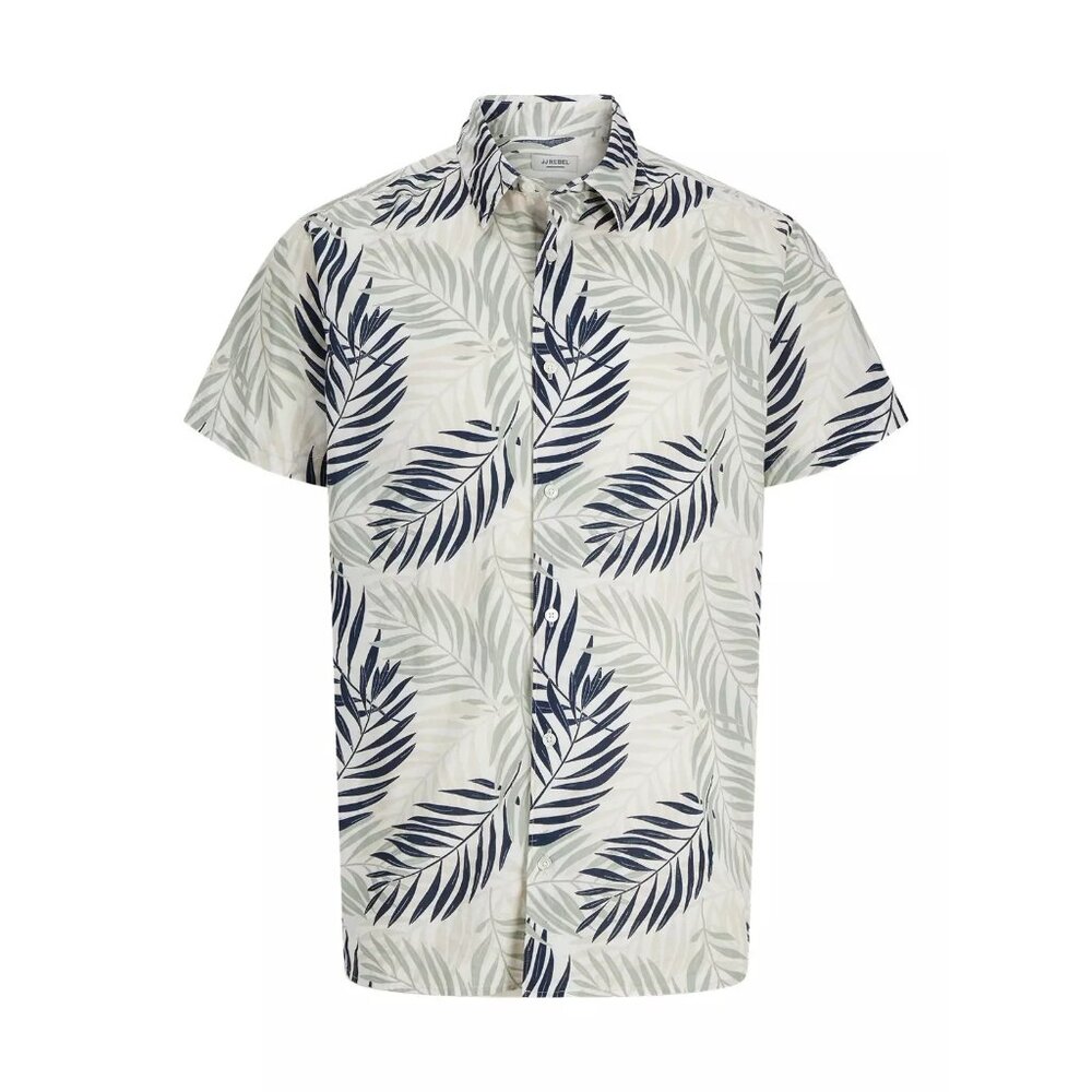 JJ Rebel palm print short sleeve shirt in off-white - Size XL